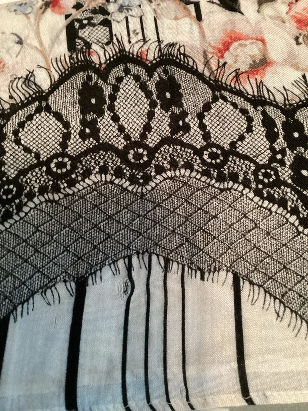 Vintage Boho Floral Faux Lace Print Scarf Wrap 68” x 20” Shabby Chic Cottagecore